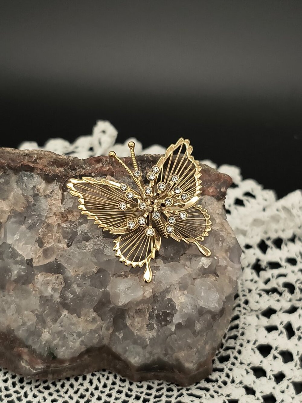 Vintage Monet Butterfly Gold Tone Filigree Rhinestone Brooch